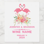 Roze flamingo's in liefde bloemenboeket wijn etiket (Enkel label)