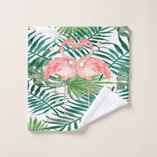 Roze flamingos in liefde, hart, palmbladeren bad handdoek (Wasdoekje)