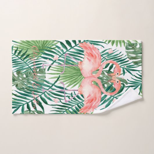 Roze flamingos in liefde, hart, palmbladeren bad handdoek (Handdoek)