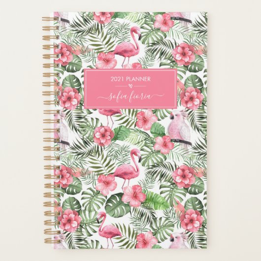 Roze Flamingo's Kaketoes Palmen Script Naam 2021 Planner (Voorkant)