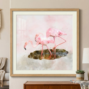 Roze Flamingo's Kameraden in Aquarel Kunst Foto Afdruk