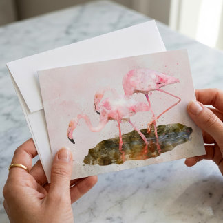 Roze Flamingo's Kameraden in Aquarel Kunst Notitiekaartje