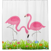 Roze Flamingo's & Lentegras & Bloemen Douchegordijn (Voorkant)