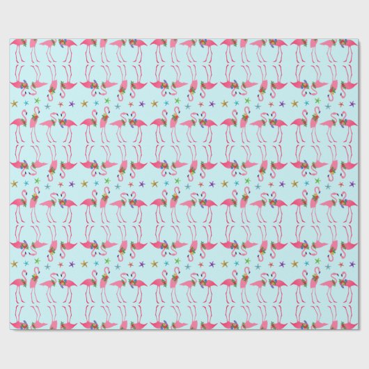 Roze flamingos Merry kerst Pattern Blue Cadeaupapier (Vlak)