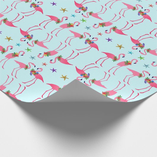 Roze flamingos Merry kerst Pattern Blue Cadeaupapier (Hoek)