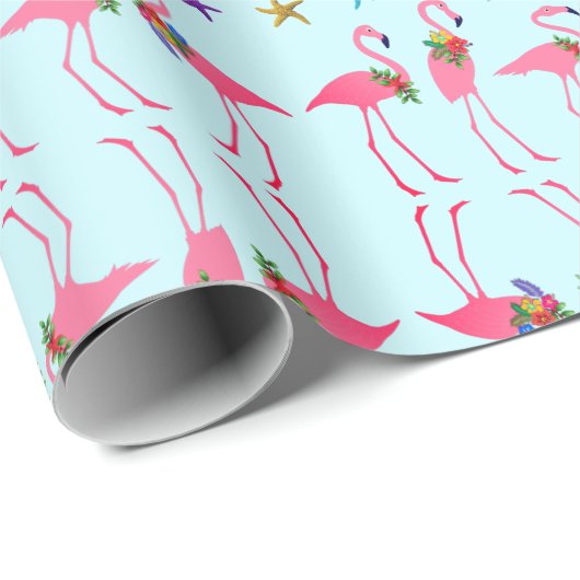 Roze flamingos Merry kerst Pattern Blue Cadeaupapier (Rol Hoek)