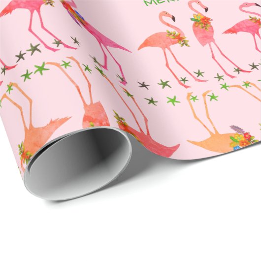 Roze flamingos Merry Kerstmis Pattern Cadeaupapier (Rol Hoek)