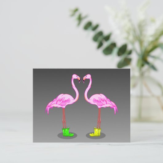 Roze flamingo's met gumboots briefkaart (Staand voorkant)