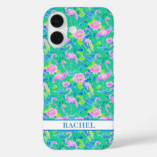 Roze Flamingo's met Monogram iPhone 16 Hoesje