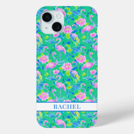 Roze Flamingo's met Monogram iPhone 15 Mini Hoesje