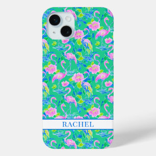 Roze Flamingo's met Monogram iPhone 15 Mini Hoesje