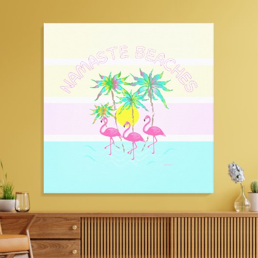 Roze flamingos met palmen, Namaste stranden, Fun Canvas Afdruk (Insitu (Woonkamer))