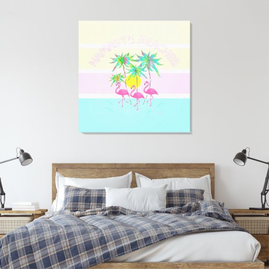 Roze flamingos met palmen, Namaste stranden, Fun Canvas Afdruk (Insitu (Slaapkamer))