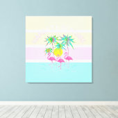 Roze flamingos met palmen, Namaste stranden, Fun Canvas Afdruk (Insitu (Houten vloer))
