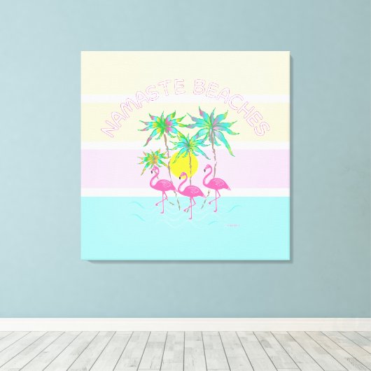 Roze flamingos met palmen, Namaste stranden, Fun Canvas Afdruk (Insitu (Houten vloer))