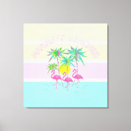 Roze flamingos met palmen, Namaste stranden, Fun Canvas Afdruk