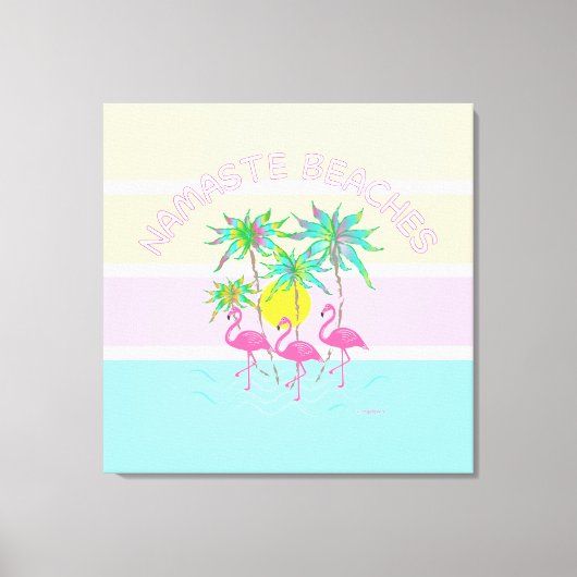 Roze flamingos met palmen, Namaste stranden, Fun Canvas Afdruk (Voorkant)
