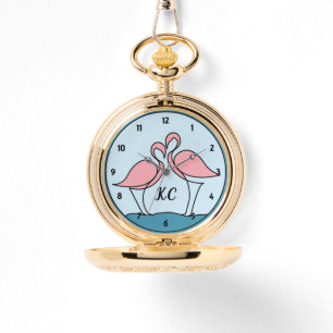 Roze Flamingo's Monogram Goud Zakje Horloge