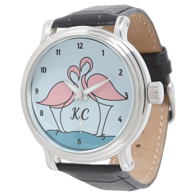 Roze Flamingos Monogram Zwart  Leer Horloge (Gekanteld)