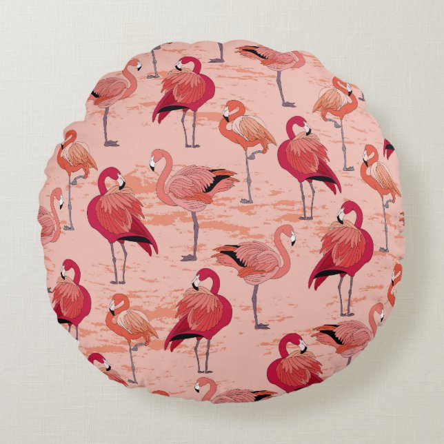Roze Flamingo's: naadloos tropisch patroon Rond Kussen (Voorkant)