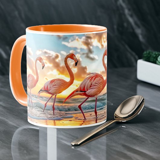 Roze Flamingo's Oceaanstrand Zonsondergang Mok