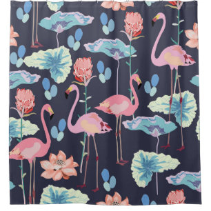 Roze flamingos omgeven door lotusbloemen en pro douchegordijn