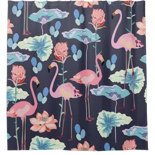 Roze flamingos omgeven door lotusbloemen en pro douchegordijn (Voorkant)