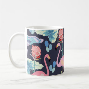 Roze flamingos omgeven door lotusbloemen en pro koffiemok
