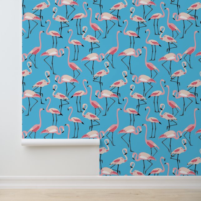 Roze Flamingo's op Blauw Kleurrijk Behang (Applicatie)