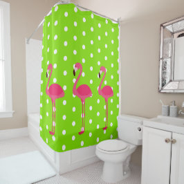 Roze Flamingo's op Groene en Witte Polka Dots Douchegordijn