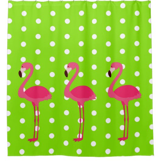 Roze Flamingo's op Groene en Witte Polka Dots Douchegordijn (Voorkant)