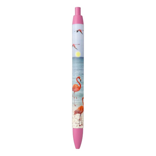 Roze Flamingo's op het Strand Blauwe Inkt Pen (Voorkant Verticaal)