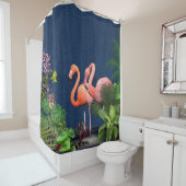 Roze flamingos op Klassiek blauw en Groen Douchegordijn (In situ)