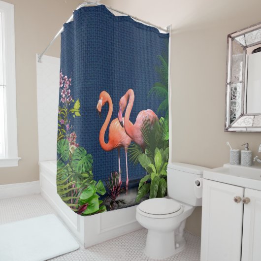 Roze flamingos op Klassiek blauw en Groen Douchegordijn (In situ)