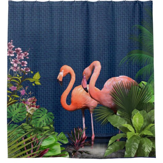 Roze flamingos op Klassiek blauw en Groen Douchegordijn (Voorkant)