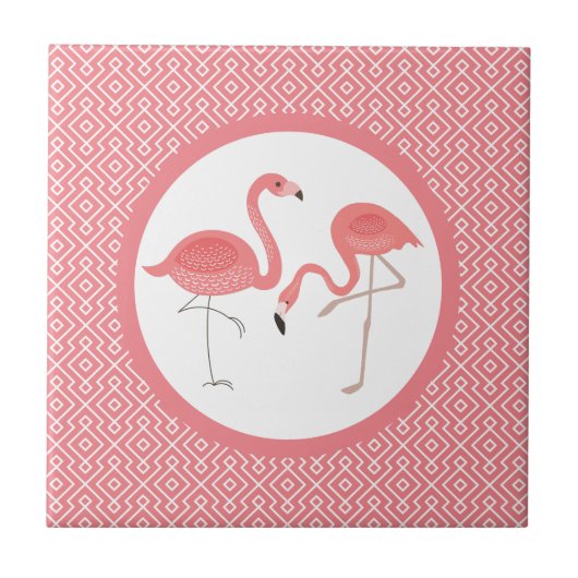 Roze Flamingo's op wit & roze geometrisch patroon Tegeltje (Voorkant)