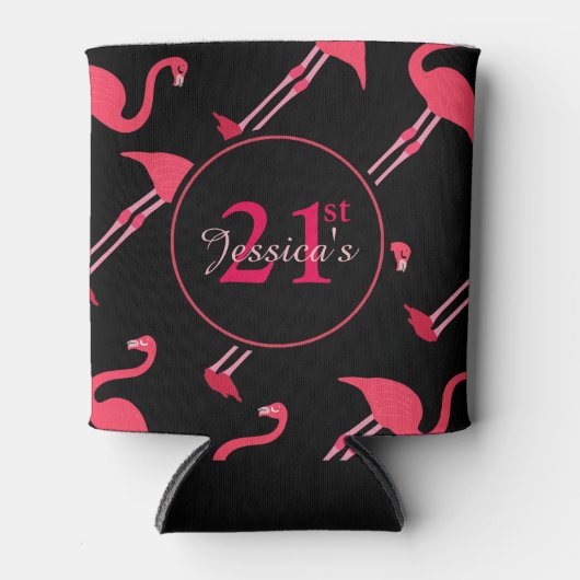 Roze flamingos op zwarte 21ste verjaardag, aangepa blikjeskoeler (Voorkant)