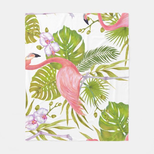Roze flamingo's, orchideeën: waterverf. fleece deken (Voorkant)