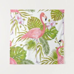 Roze flamingo's, orchideeën: waterverf. wandkleed