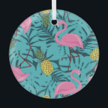 Roze Flamingo's Palm: Exotisch Hawaï Glas Ornament<br><div class="desc">naadloos patroon met roze flamingo's en groene palmbladeren. Exotische Hawaii kunst achtergrond is tropisch trendy. Ontwerp voor stof, textiel, inpakpapier en andere decoratie. Tropische trend: roze flamingo's en palmbladeren! Trendy Hawaii Art: Flamingo's & Palmbladeren! achtergrond, abstract, tropisch, illustratie, textuur, decor, strand, zomer, mode, natuur, lente, blad, bos, dier, beauty, tuin,...</div>