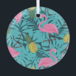 Roze Flamingo's Palm: Exotisch Hawaï Glas Ornament<br><div class="desc">naadloos patroon met roze flamingo's en groene palmbladeren. Exotische Hawaii kunst achtergrond is tropisch trendy. Ontwerp voor stof, textiel, inpakpapier en andere decoratie. Tropische trend: roze flamingo's en palmbladeren! Trendy Hawaii Art: Flamingo's & Palmbladeren! achtergrond, abstract, tropisch, illustratie, textuur, decor, strand, zomer, mode, natuur, lente, blad, bos, dier, beauty, tuin,...</div>