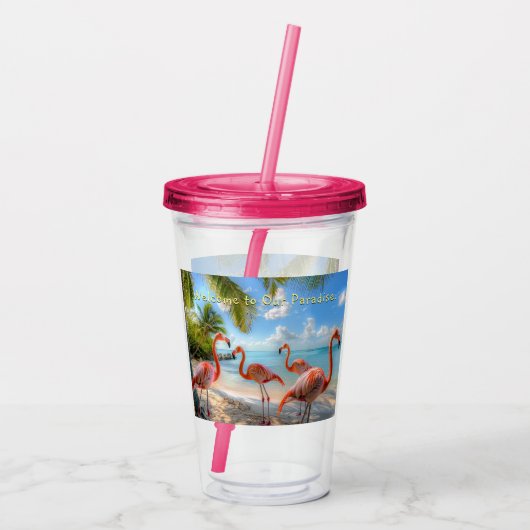 Roze Flamingo's Palm Trees Ocean Beach Acryl Drinkbeker (Achterkant)