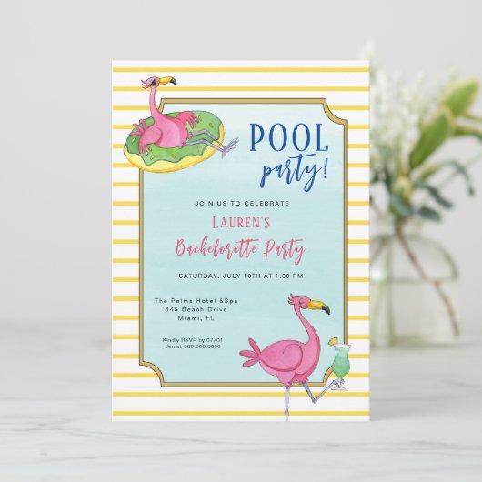 Roze Flamingos Pool Bachelorette party Kaart (Staand voorkant)
