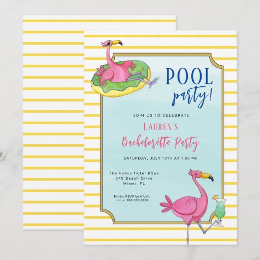 Roze Flamingos Pool Bachelorette party Kaart (Voorkant / Achterkant)