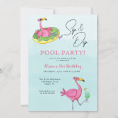 Roze Flamingos Pool Birthday Party Invitation Kaart (Voorkant)