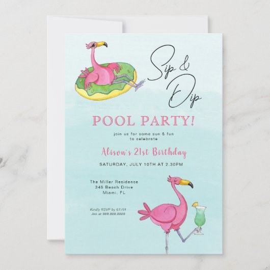 Roze Flamingos Pool Birthday Party Invitation Kaart (Voorkant)