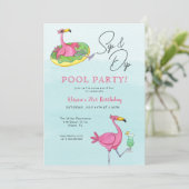 Roze Flamingos Pool Birthday Party Invitation Kaart (Staand voorkant)
