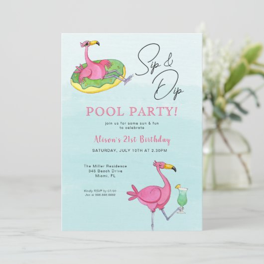 Roze Flamingos Pool Birthday Party Invitation Kaart (Staand voorkant)