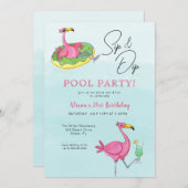 Roze Flamingos Pool Birthday Party Invitation Kaart (Voorkant / Achterkant)