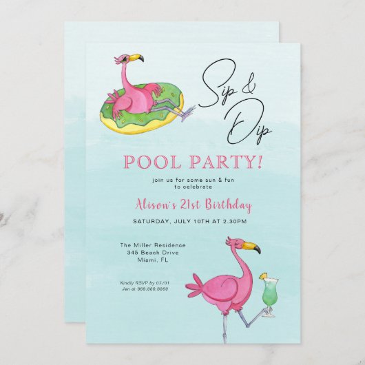 Roze Flamingos Pool Birthday Party Invitation Kaart (Voorkant / Achterkant)